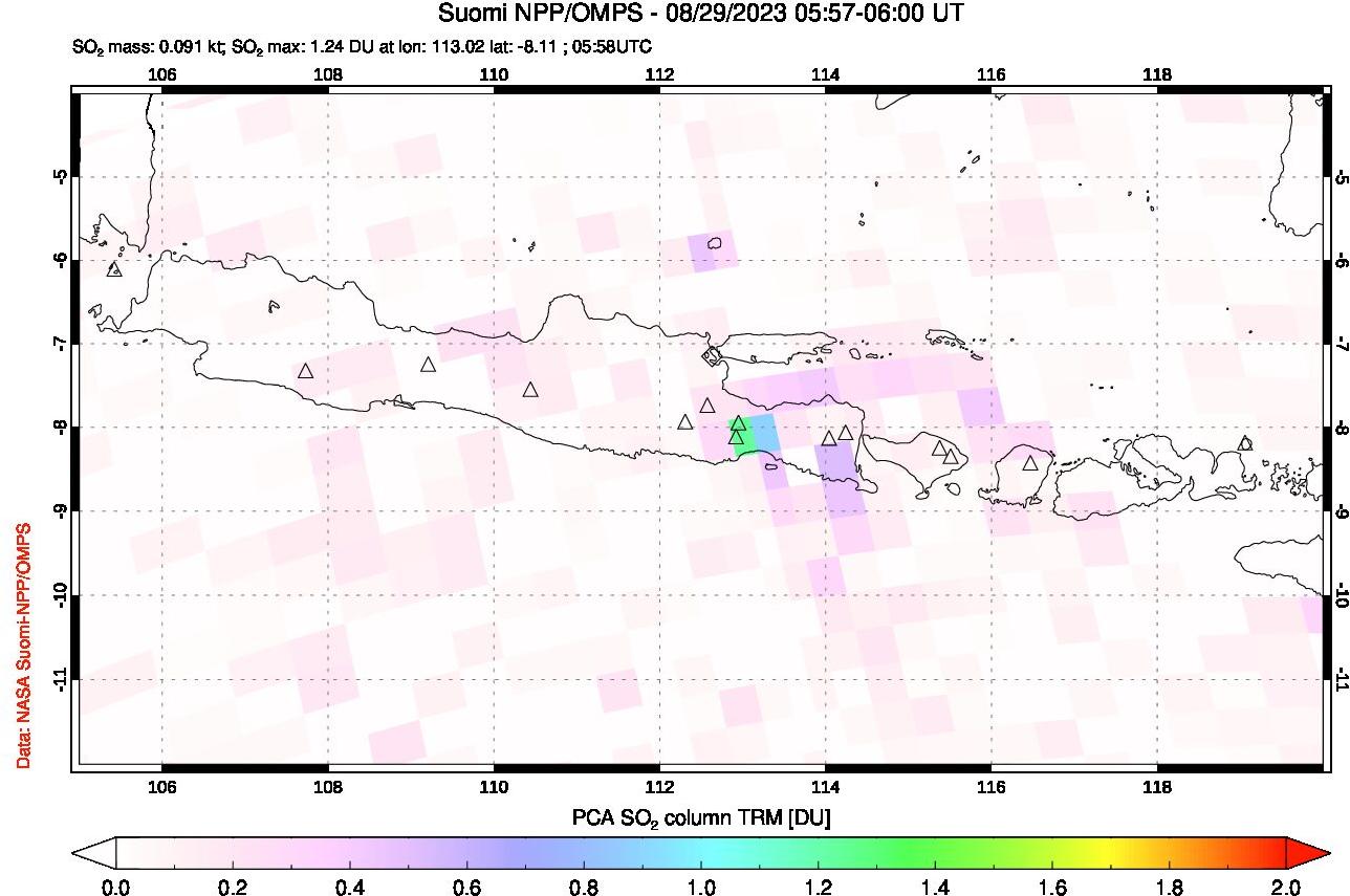 A sulfur dioxide image over Java, Indonesia on Aug 29, 2023.