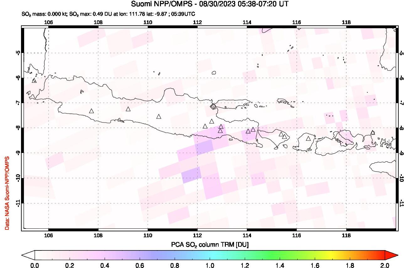 A sulfur dioxide image over Java, Indonesia on Aug 30, 2023.