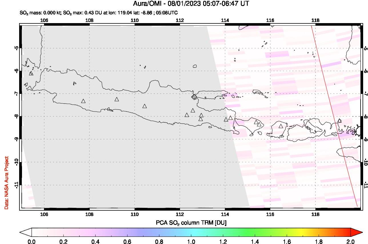 A sulfur dioxide image over Java, Indonesia on Aug 01, 2023.