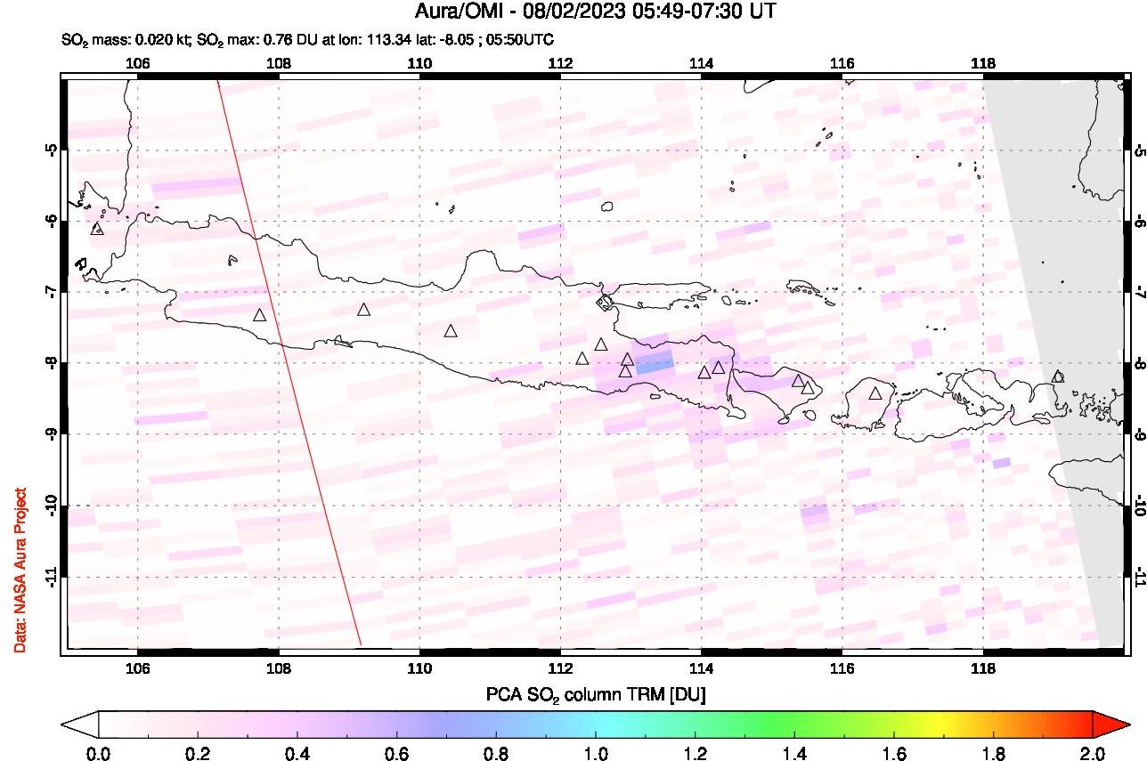 A sulfur dioxide image over Java, Indonesia on Aug 02, 2023.