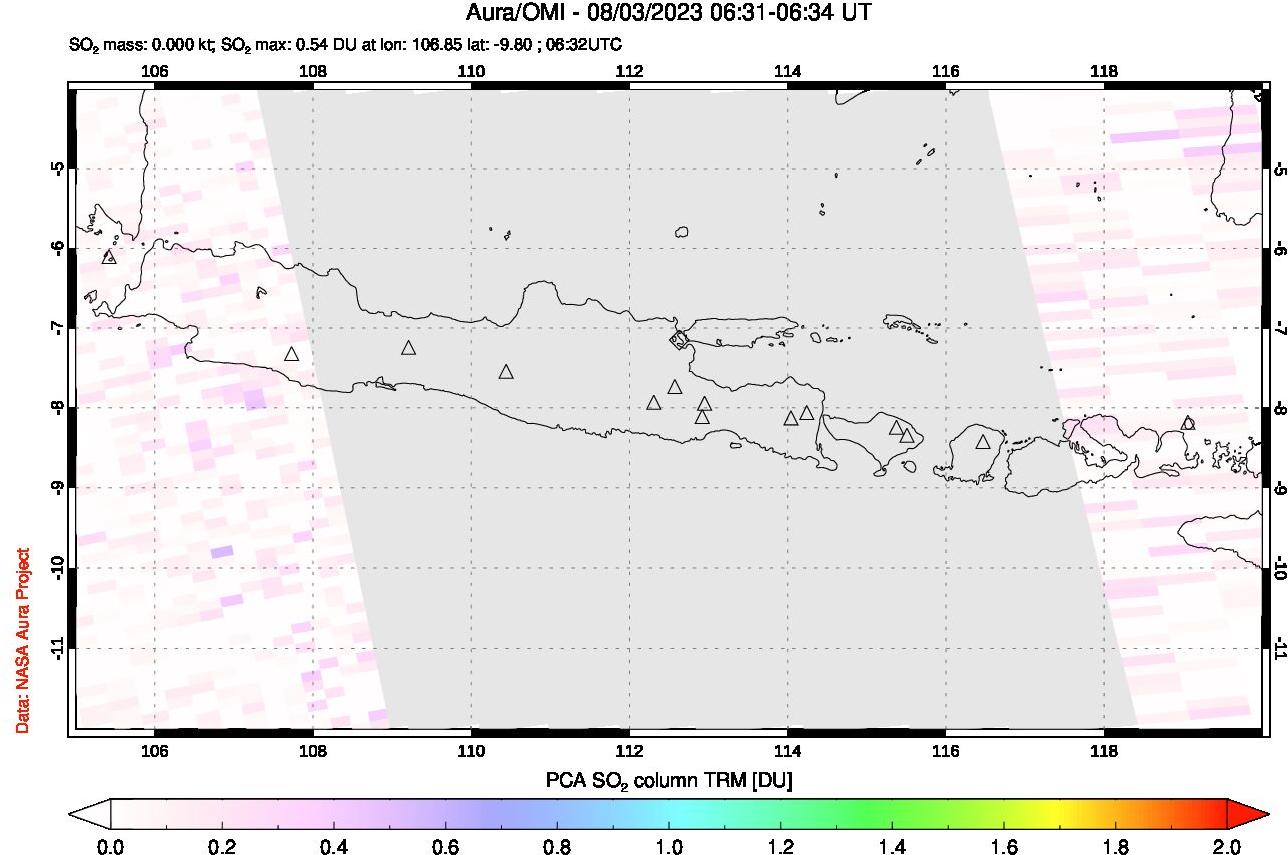 A sulfur dioxide image over Java, Indonesia on Aug 03, 2023.