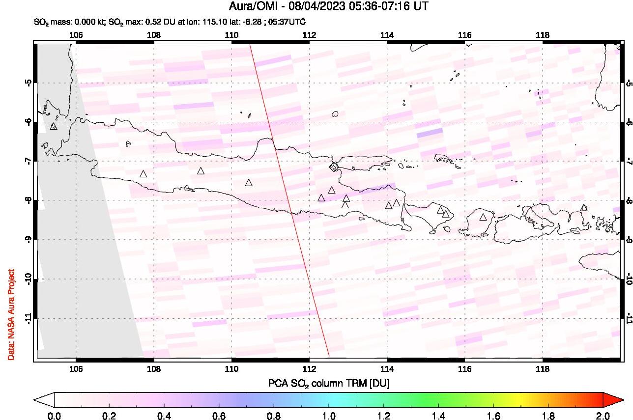 A sulfur dioxide image over Java, Indonesia on Aug 04, 2023.