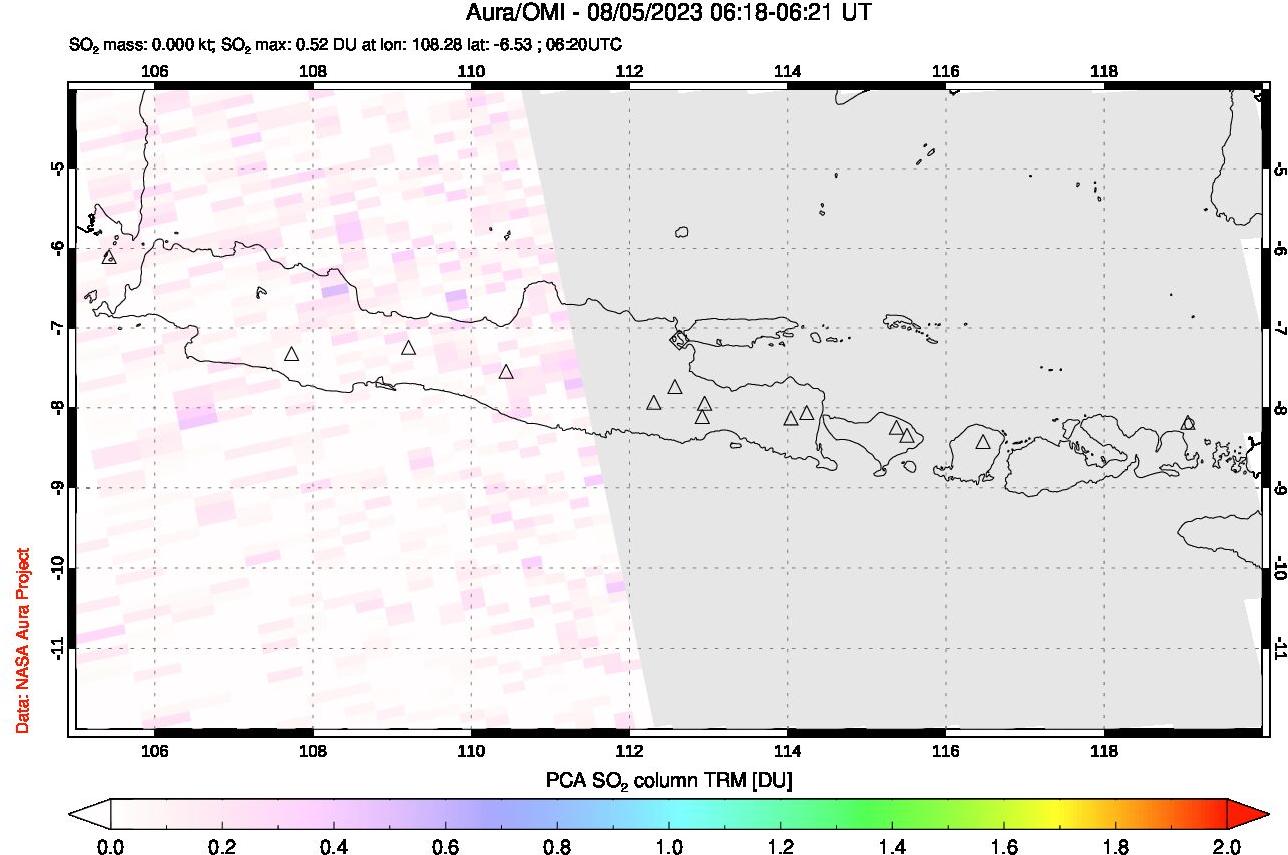 A sulfur dioxide image over Java, Indonesia on Aug 05, 2023.