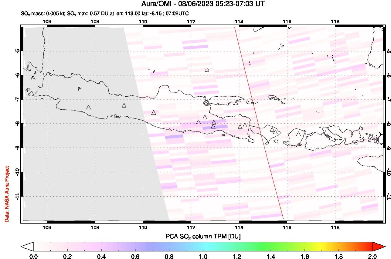 A sulfur dioxide image over Java, Indonesia on Aug 06, 2023.