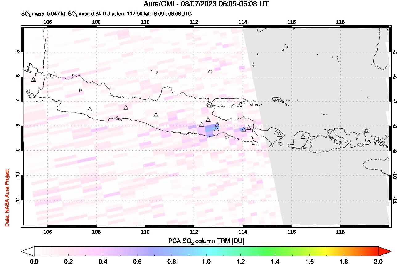 A sulfur dioxide image over Java, Indonesia on Aug 07, 2023.