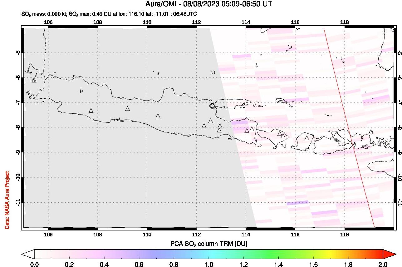 A sulfur dioxide image over Java, Indonesia on Aug 08, 2023.