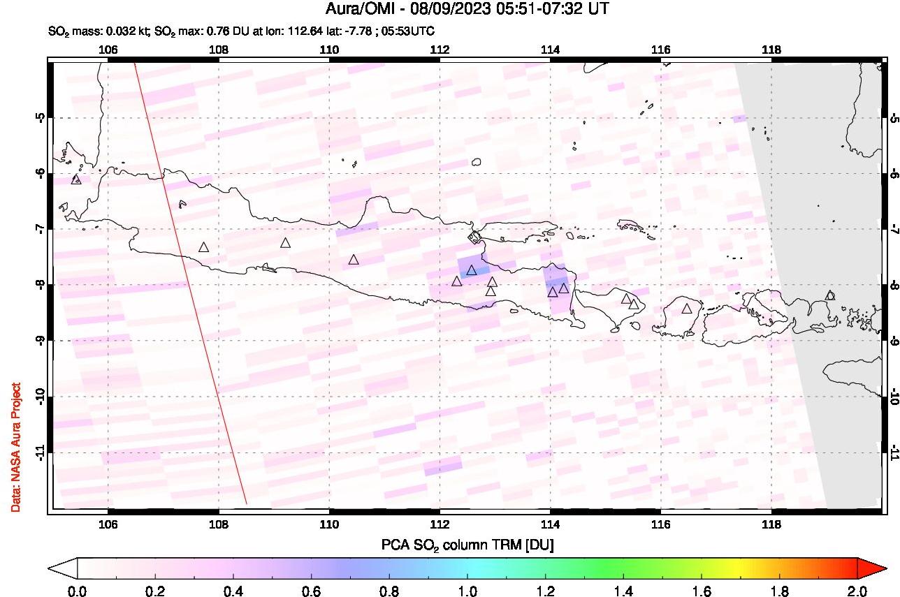 A sulfur dioxide image over Java, Indonesia on Aug 09, 2023.