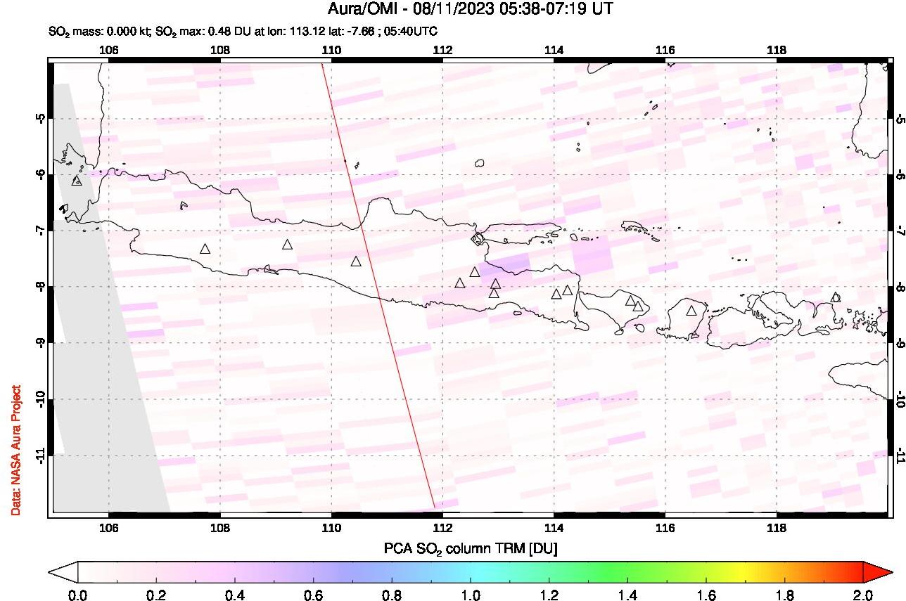 A sulfur dioxide image over Java, Indonesia on Aug 11, 2023.