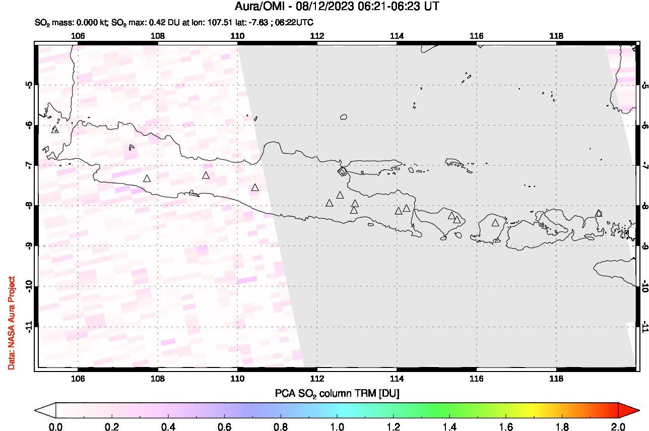 A sulfur dioxide image over Java, Indonesia on Aug 12, 2023.