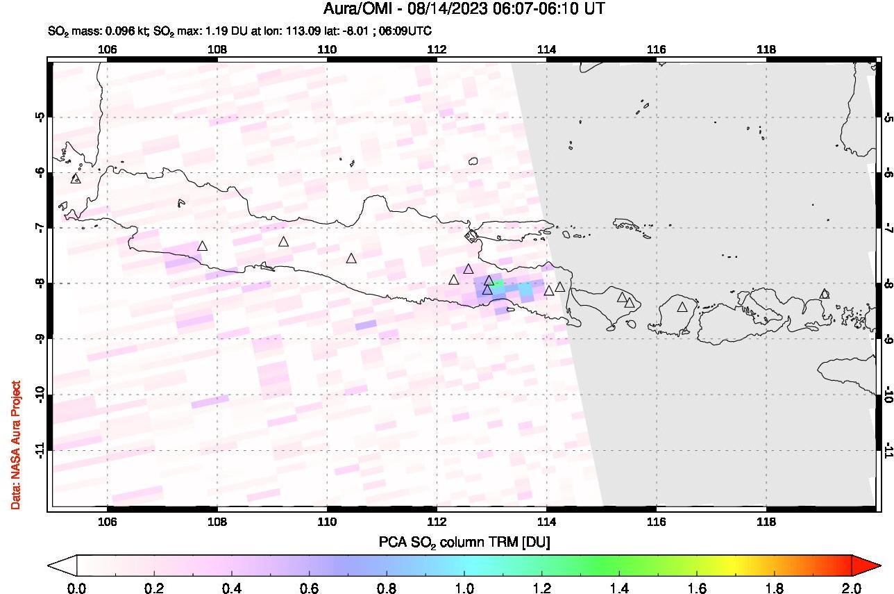 A sulfur dioxide image over Java, Indonesia on Aug 14, 2023.