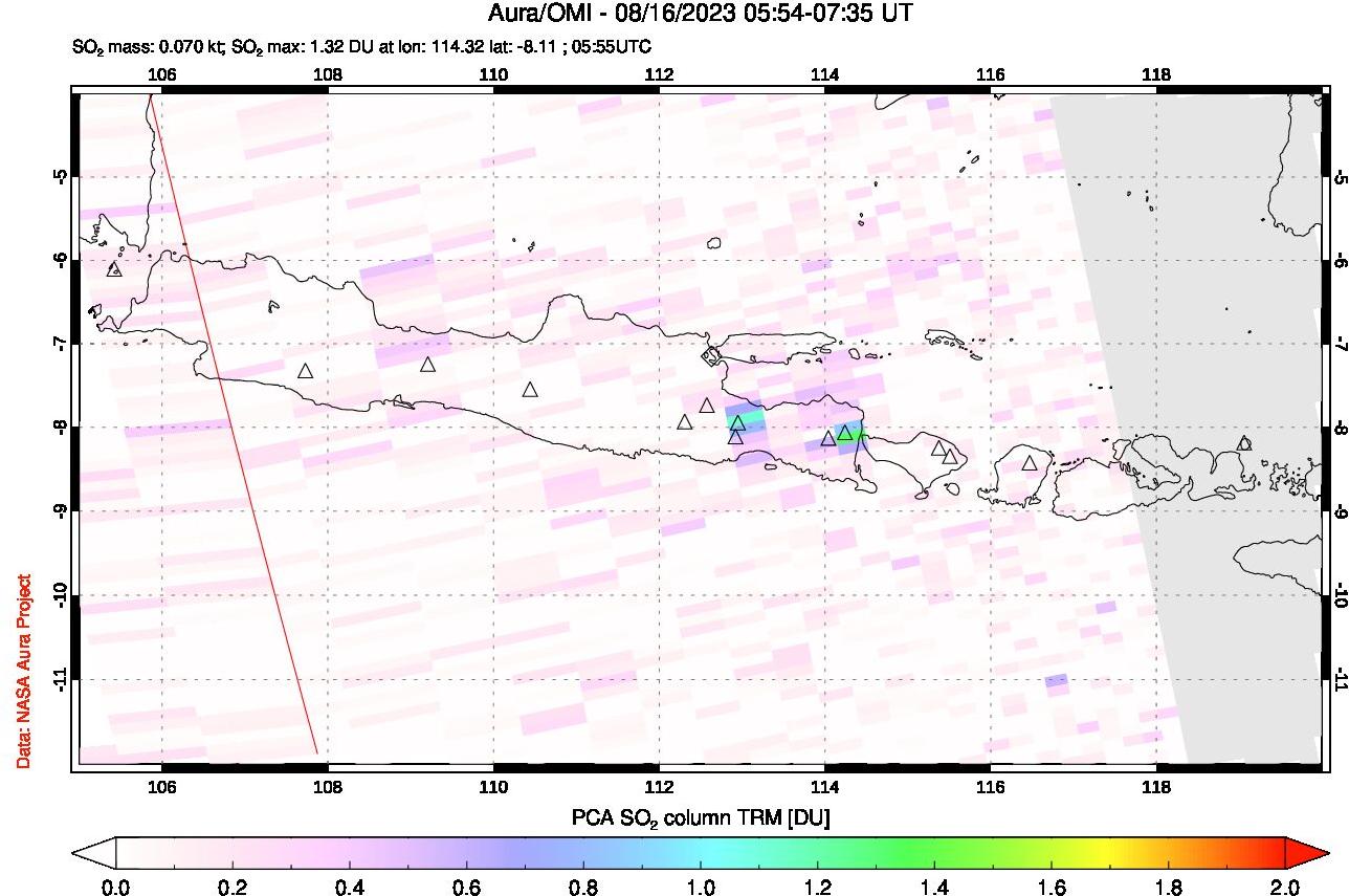 A sulfur dioxide image over Java, Indonesia on Aug 16, 2023.