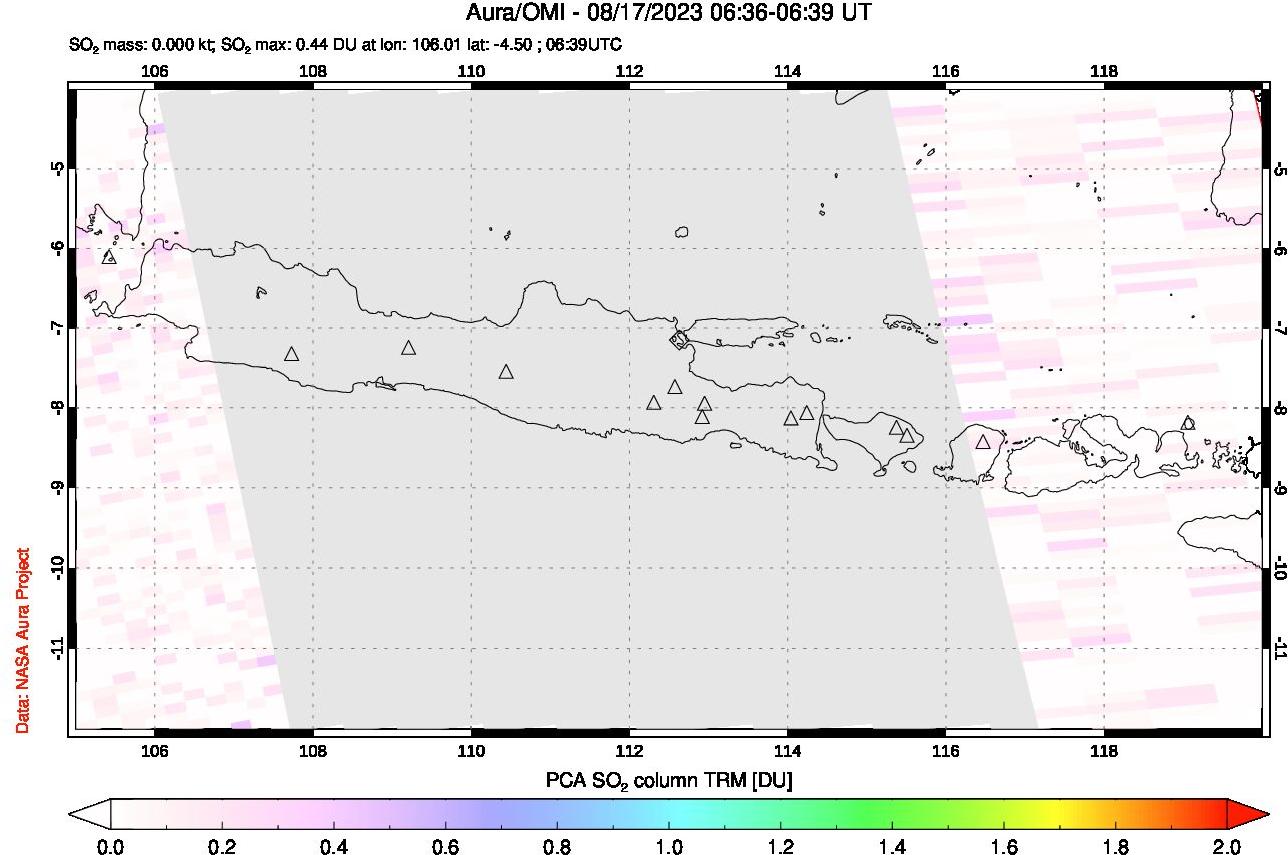 A sulfur dioxide image over Java, Indonesia on Aug 17, 2023.