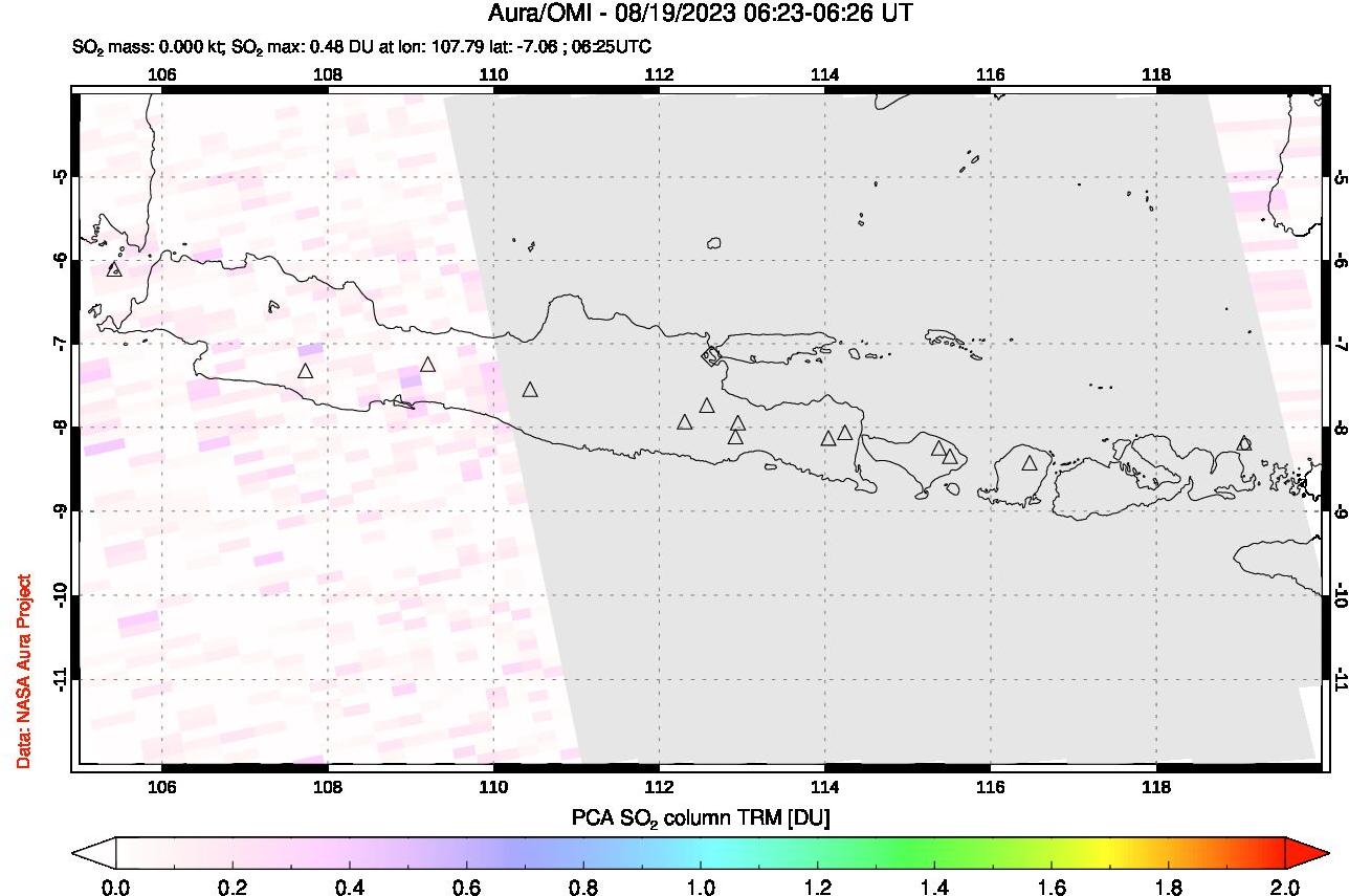 A sulfur dioxide image over Java, Indonesia on Aug 19, 2023.