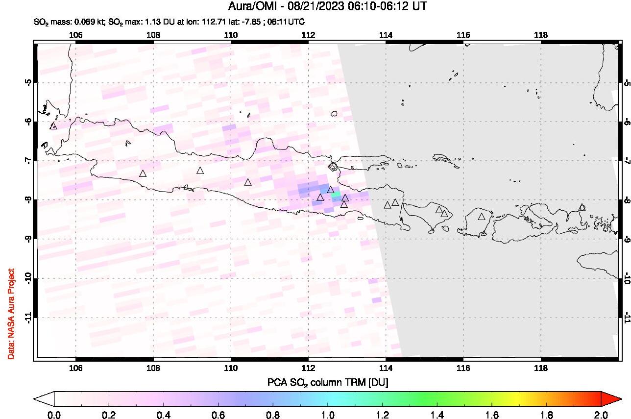 A sulfur dioxide image over Java, Indonesia on Aug 21, 2023.