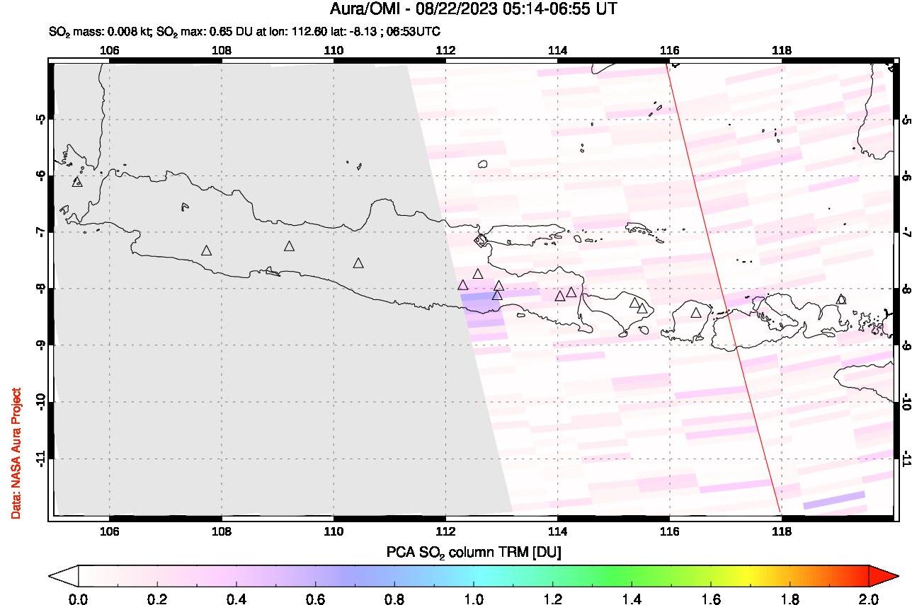 A sulfur dioxide image over Java, Indonesia on Aug 22, 2023.