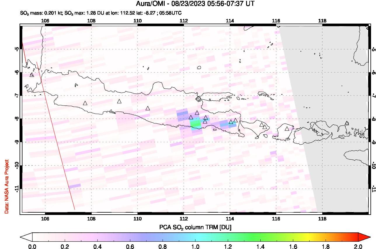 A sulfur dioxide image over Java, Indonesia on Aug 23, 2023.