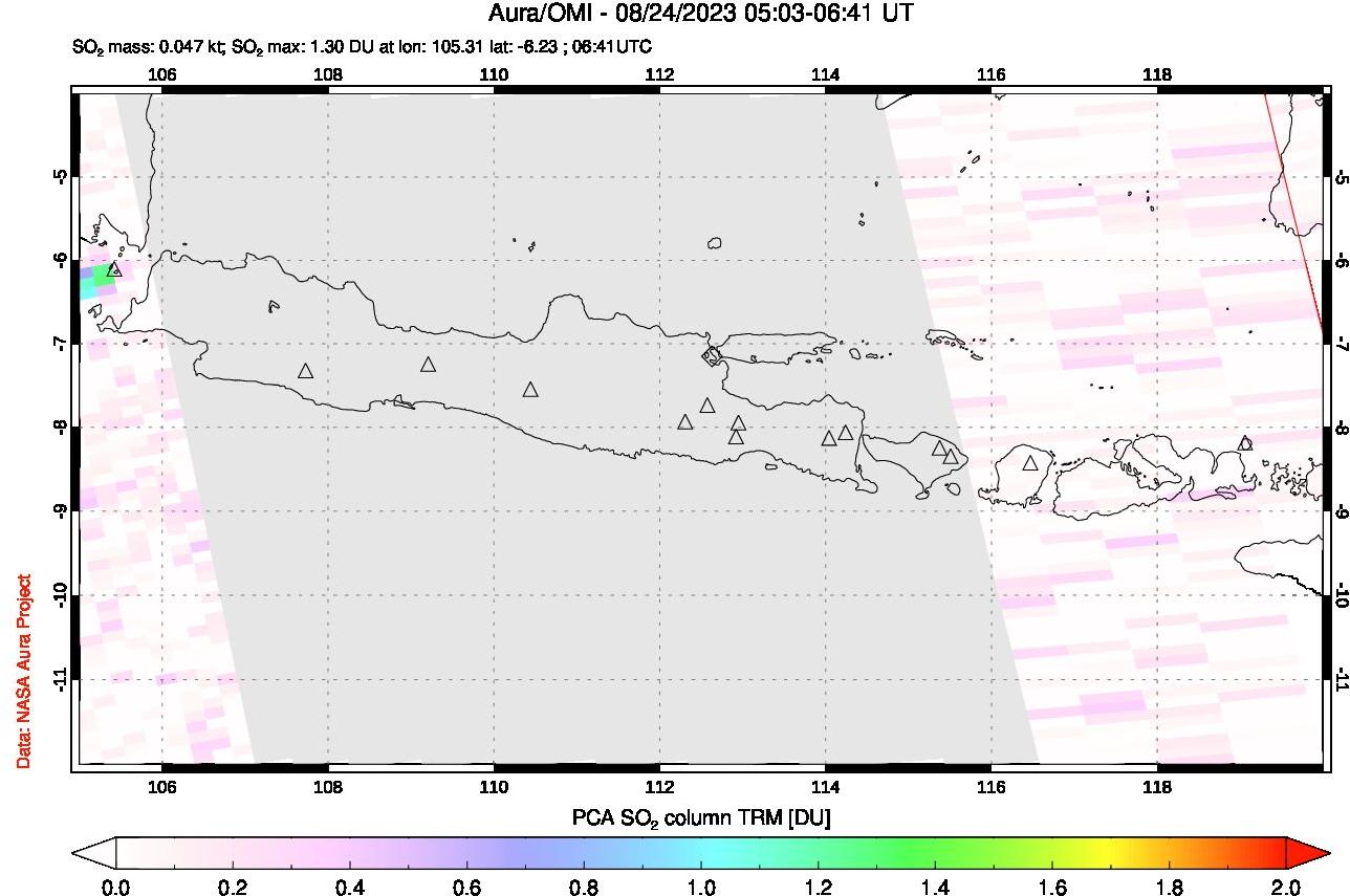 A sulfur dioxide image over Java, Indonesia on Aug 24, 2023.