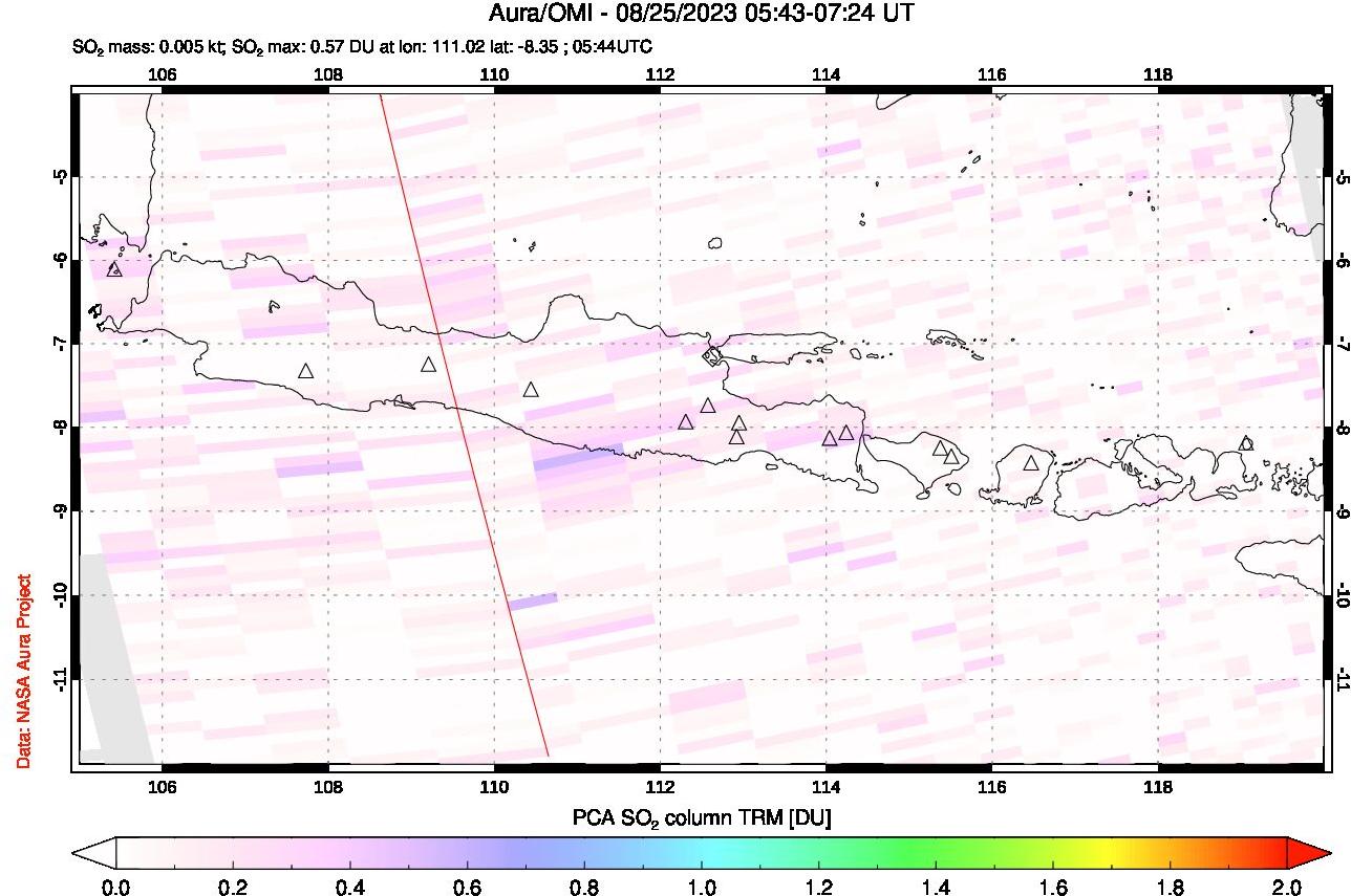 A sulfur dioxide image over Java, Indonesia on Aug 25, 2023.