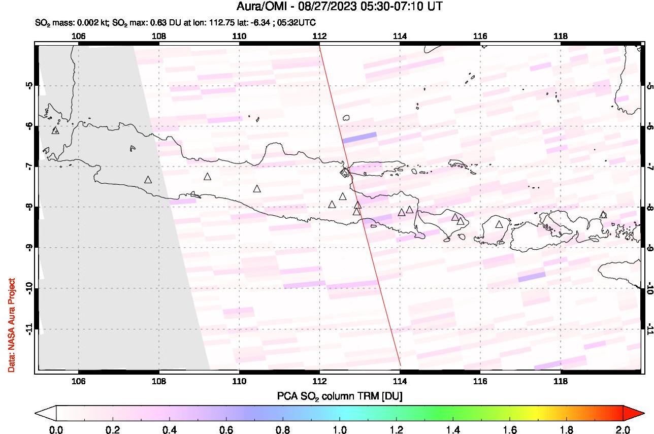 A sulfur dioxide image over Java, Indonesia on Aug 27, 2023.