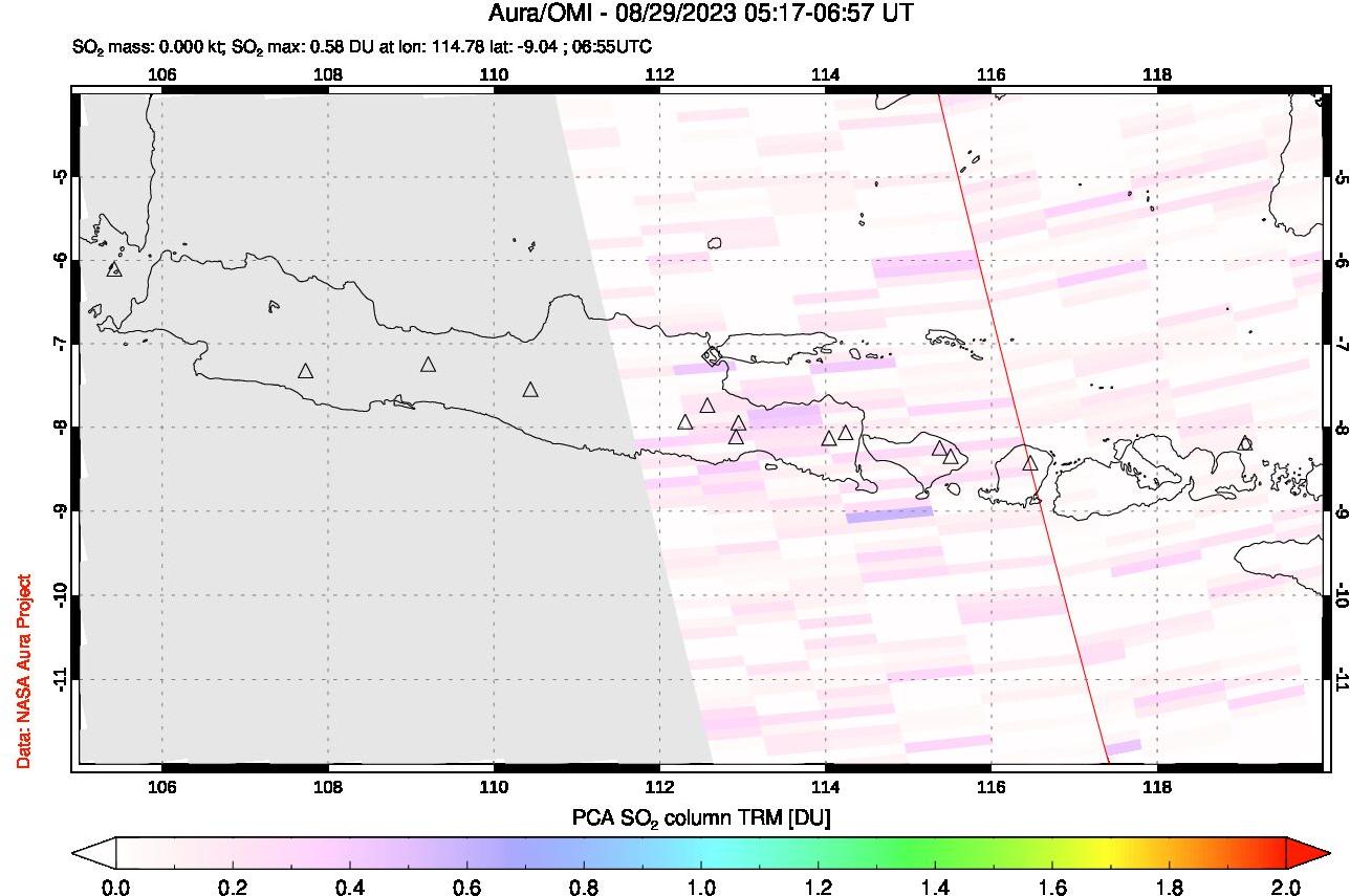 A sulfur dioxide image over Java, Indonesia on Aug 29, 2023.