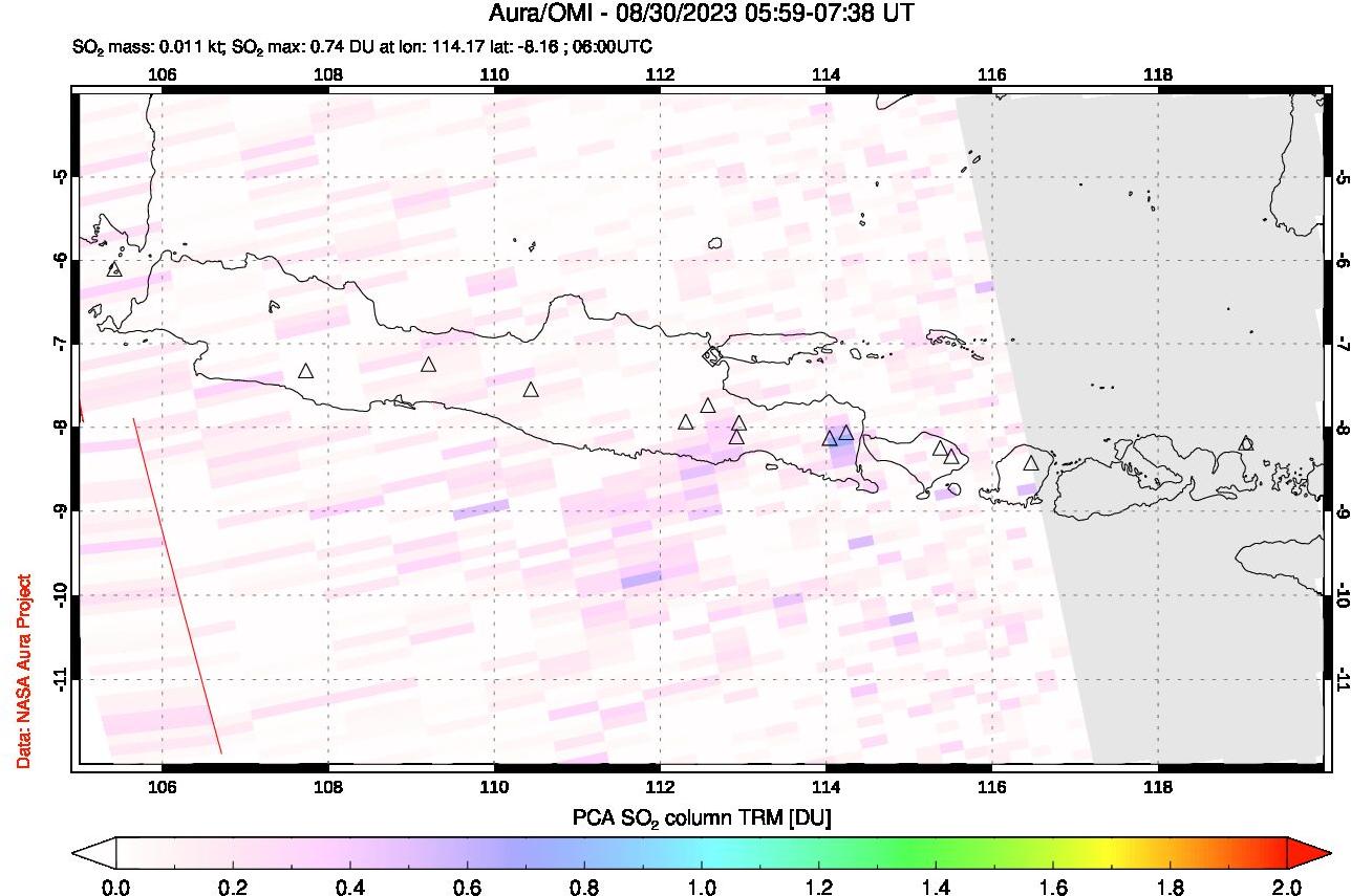 A sulfur dioxide image over Java, Indonesia on Aug 30, 2023.