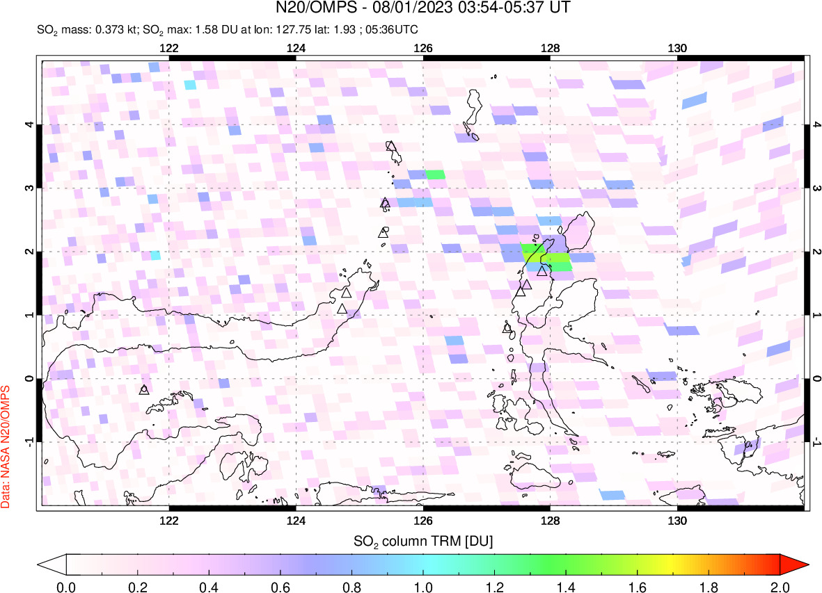 A sulfur dioxide image over Northern Sulawesi & Halmahera, Indonesia on Aug 01, 2023.