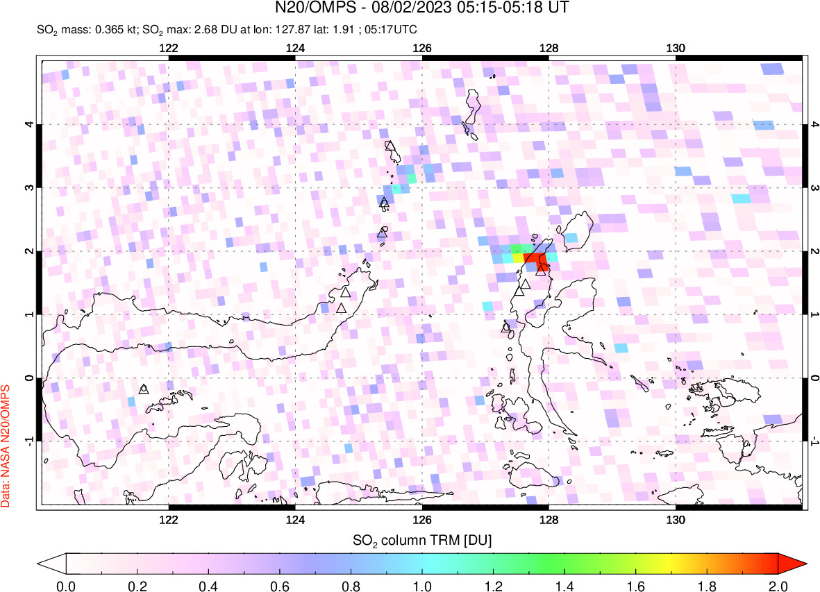 A sulfur dioxide image over Northern Sulawesi & Halmahera, Indonesia on Aug 02, 2023.