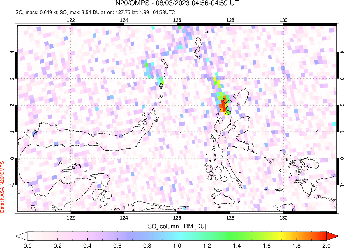 A sulfur dioxide image over Northern Sulawesi & Halmahera, Indonesia on Aug 03, 2023.