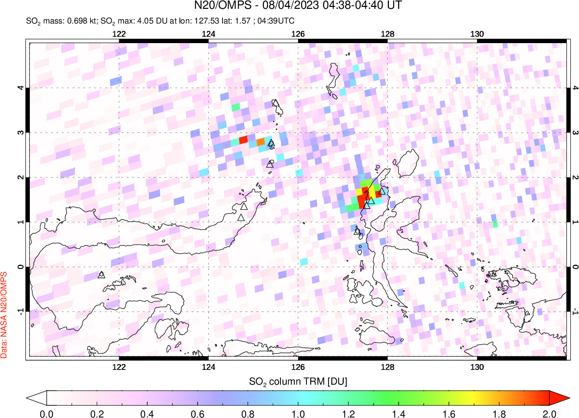 A sulfur dioxide image over Northern Sulawesi & Halmahera, Indonesia on Aug 04, 2023.