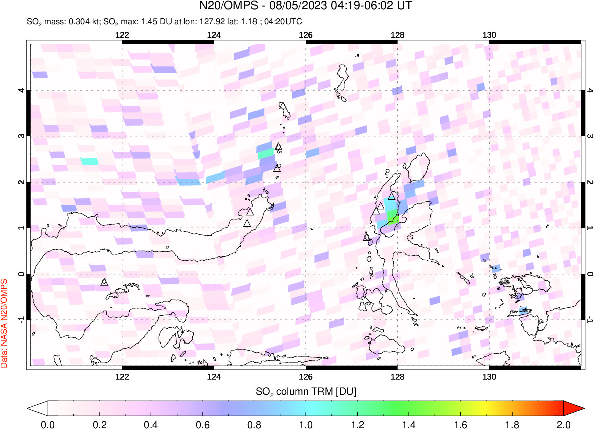 A sulfur dioxide image over Northern Sulawesi & Halmahera, Indonesia on Aug 05, 2023.