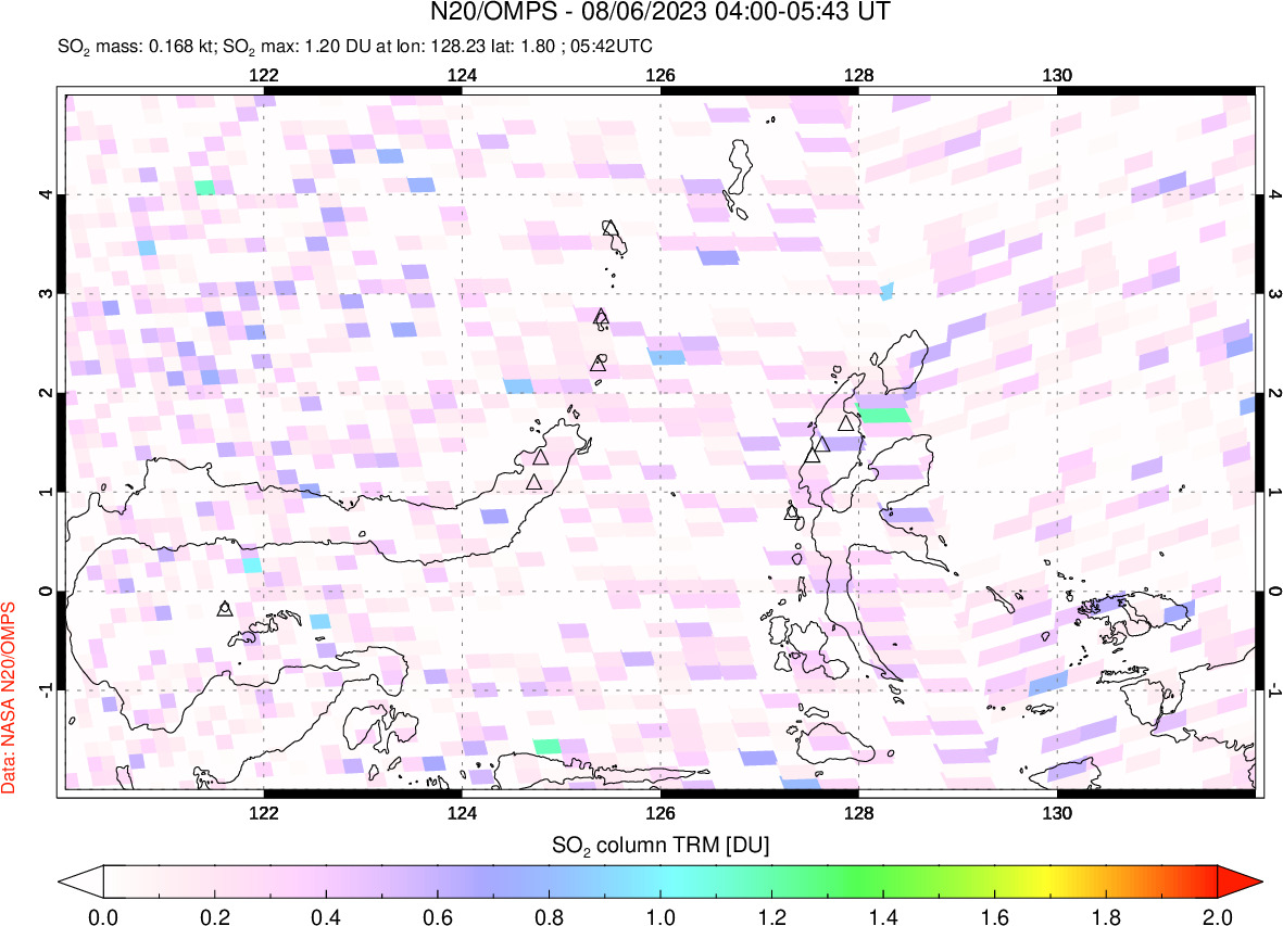 A sulfur dioxide image over Northern Sulawesi & Halmahera, Indonesia on Aug 06, 2023.