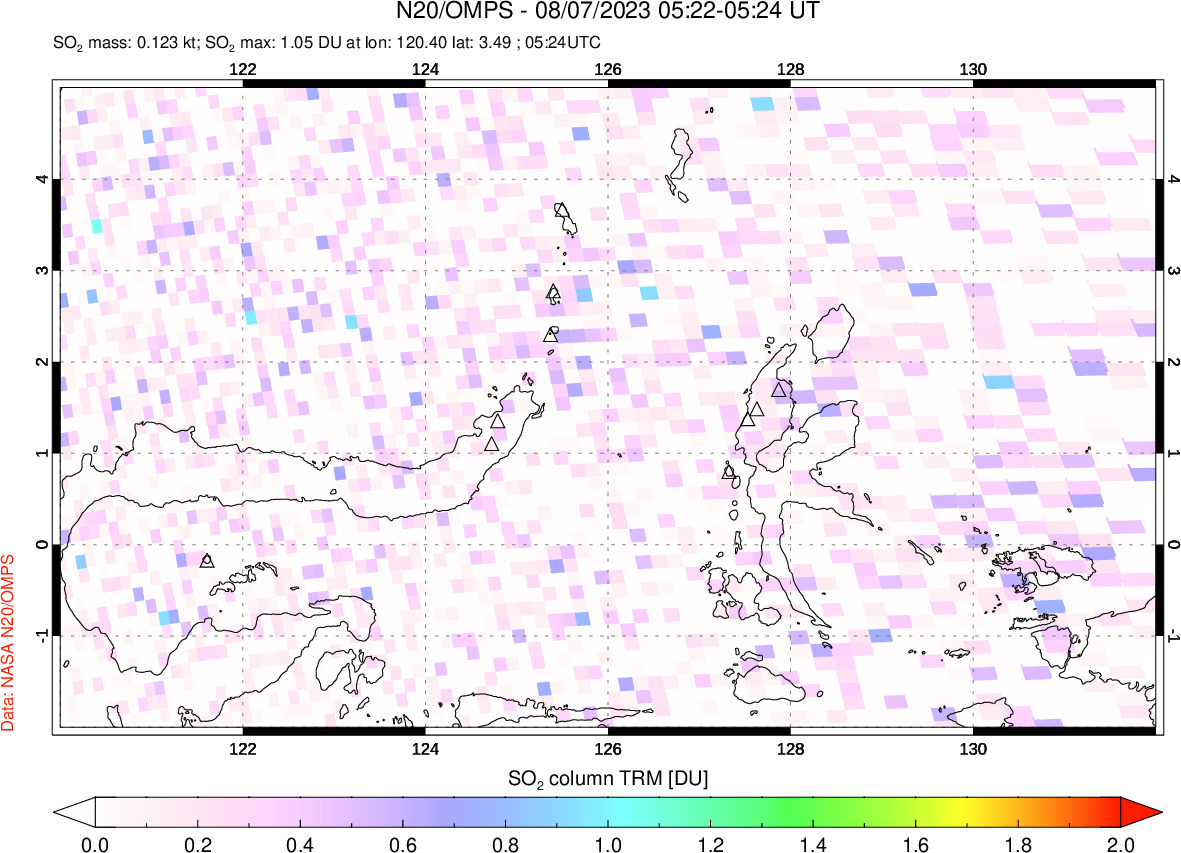 A sulfur dioxide image over Northern Sulawesi & Halmahera, Indonesia on Aug 07, 2023.