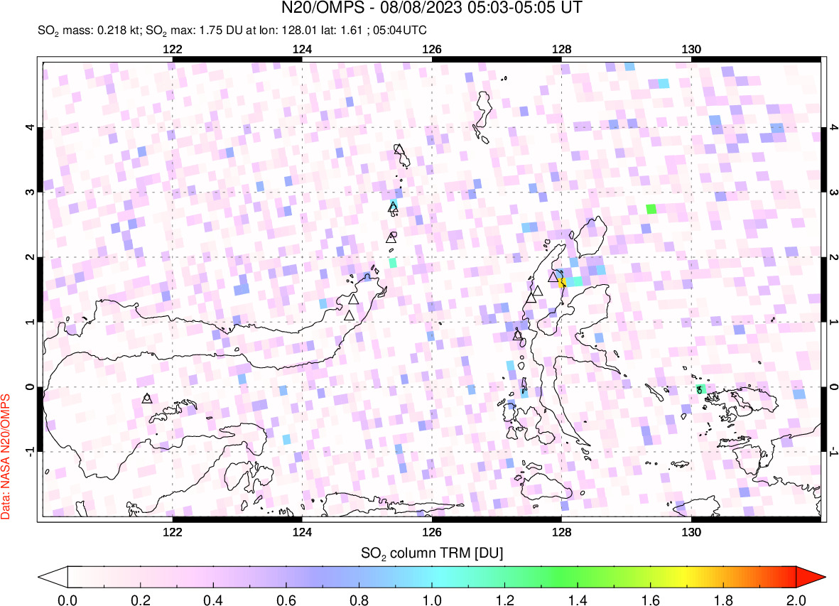 A sulfur dioxide image over Northern Sulawesi & Halmahera, Indonesia on Aug 08, 2023.