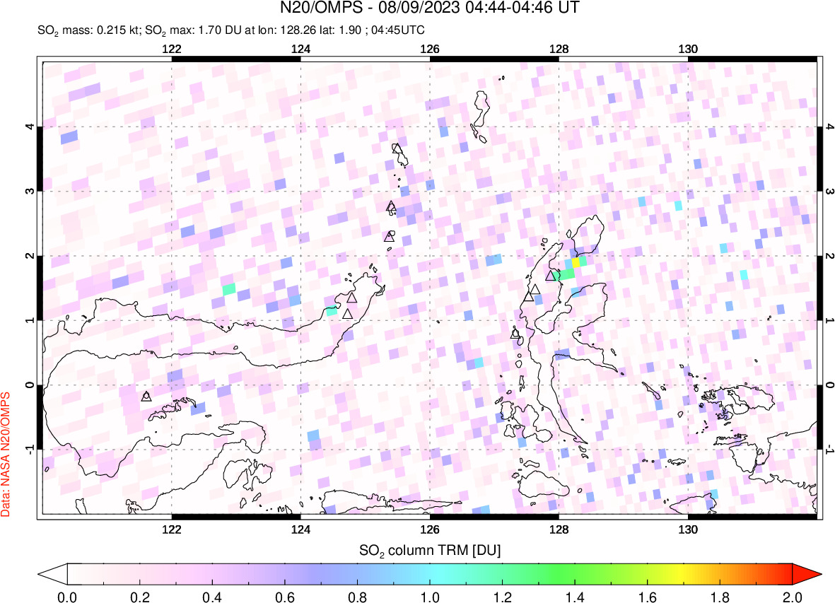 A sulfur dioxide image over Northern Sulawesi & Halmahera, Indonesia on Aug 09, 2023.