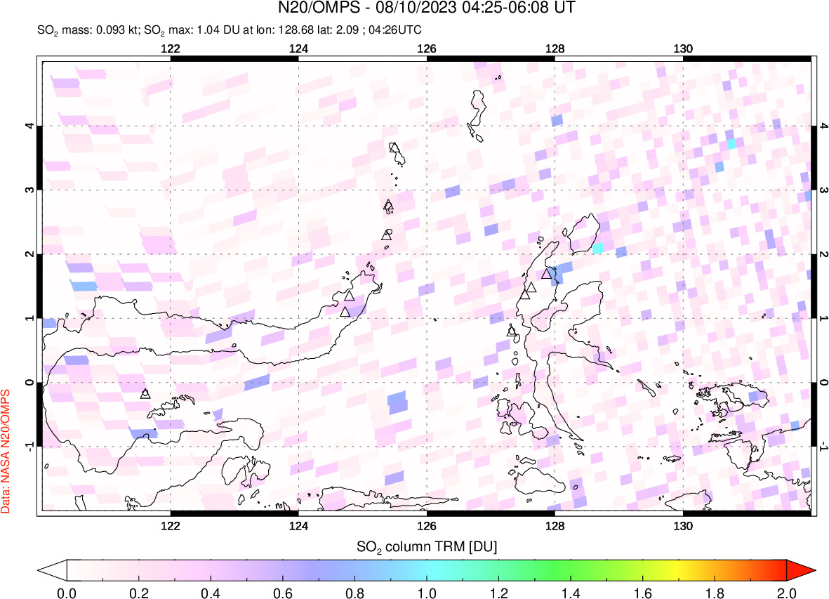 A sulfur dioxide image over Northern Sulawesi & Halmahera, Indonesia on Aug 10, 2023.