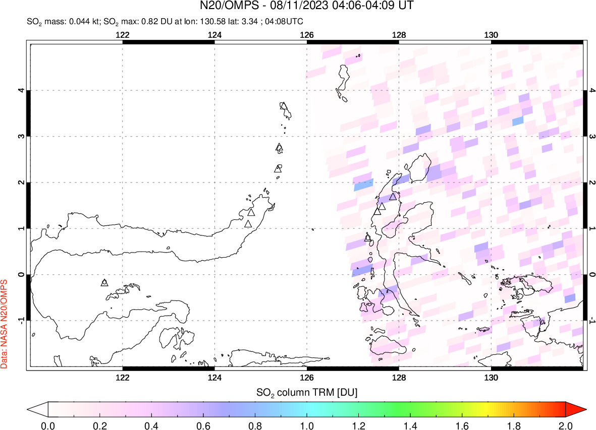 A sulfur dioxide image over Northern Sulawesi & Halmahera, Indonesia on Aug 11, 2023.