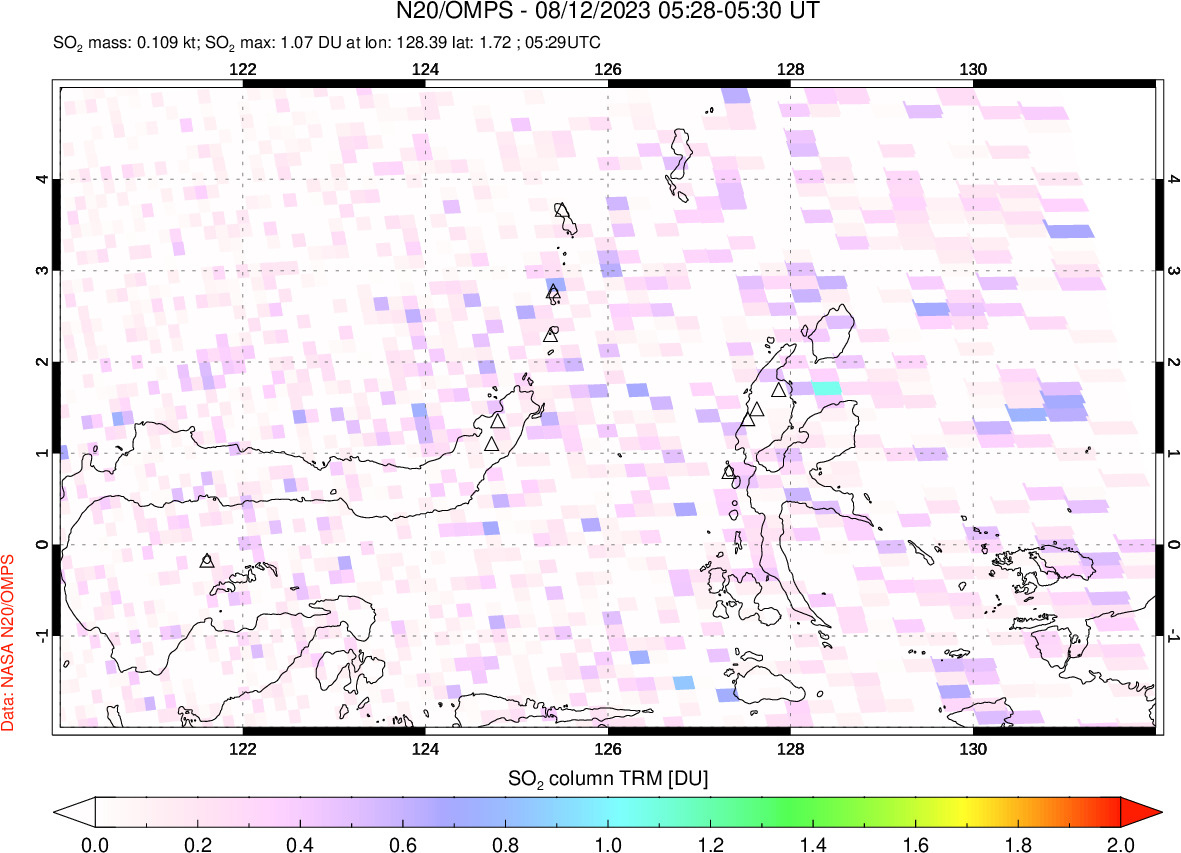 A sulfur dioxide image over Northern Sulawesi & Halmahera, Indonesia on Aug 12, 2023.