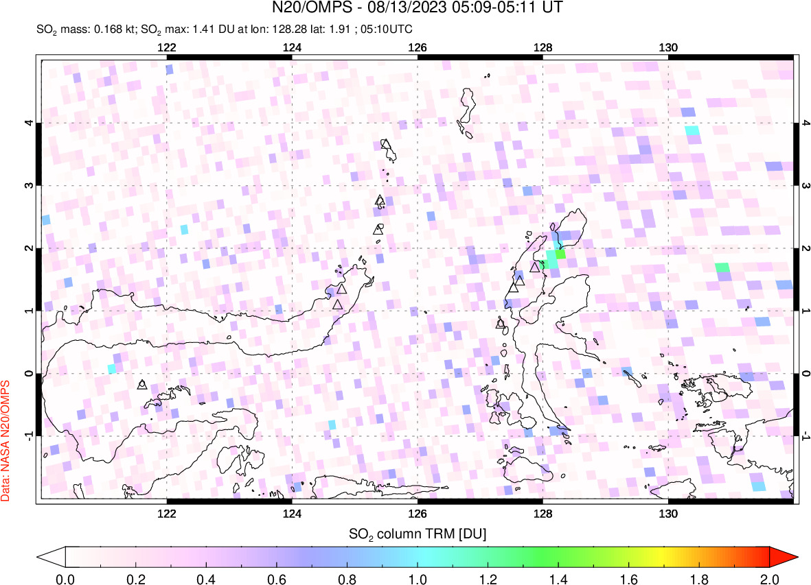 A sulfur dioxide image over Northern Sulawesi & Halmahera, Indonesia on Aug 13, 2023.