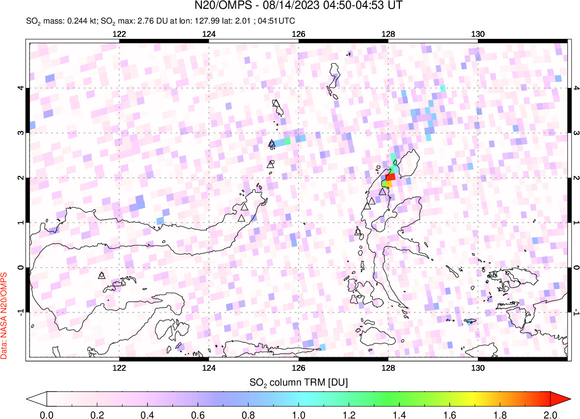 A sulfur dioxide image over Northern Sulawesi & Halmahera, Indonesia on Aug 14, 2023.