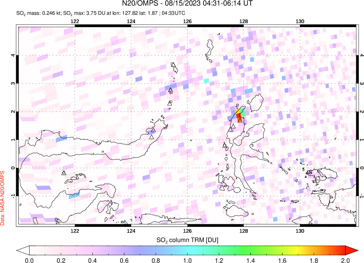 A sulfur dioxide image over Northern Sulawesi & Halmahera, Indonesia on Aug 15, 2023.