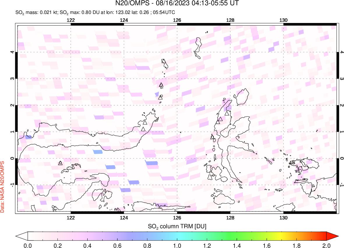 A sulfur dioxide image over Northern Sulawesi & Halmahera, Indonesia on Aug 16, 2023.