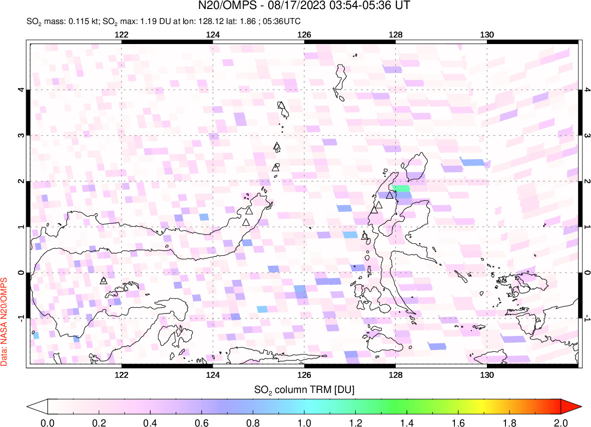 A sulfur dioxide image over Northern Sulawesi & Halmahera, Indonesia on Aug 17, 2023.