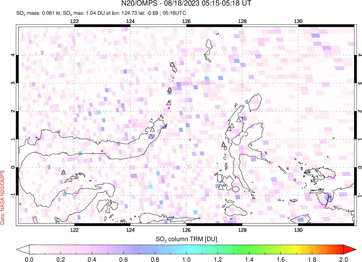 A sulfur dioxide image over Northern Sulawesi & Halmahera, Indonesia on Aug 18, 2023.