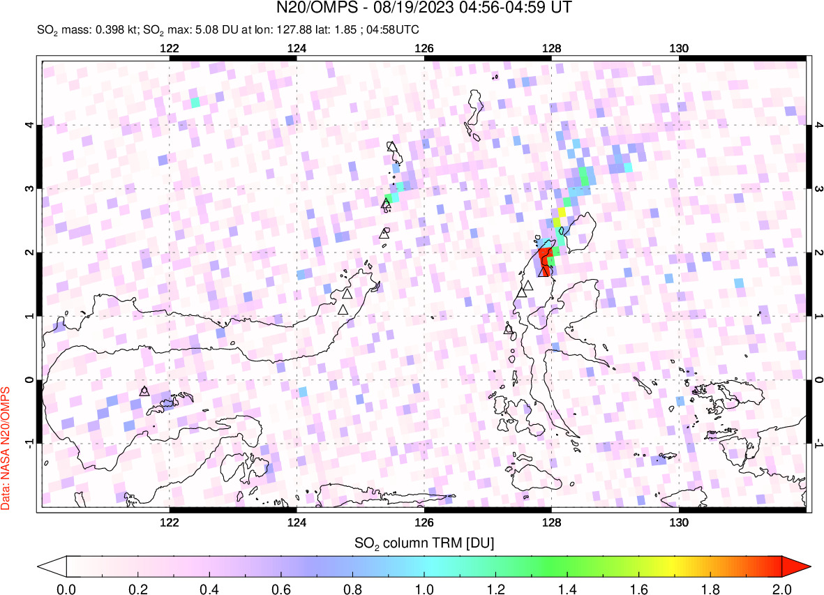 A sulfur dioxide image over Northern Sulawesi & Halmahera, Indonesia on Aug 19, 2023.