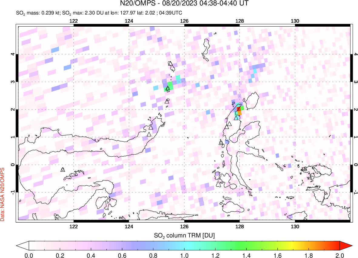 A sulfur dioxide image over Northern Sulawesi & Halmahera, Indonesia on Aug 20, 2023.