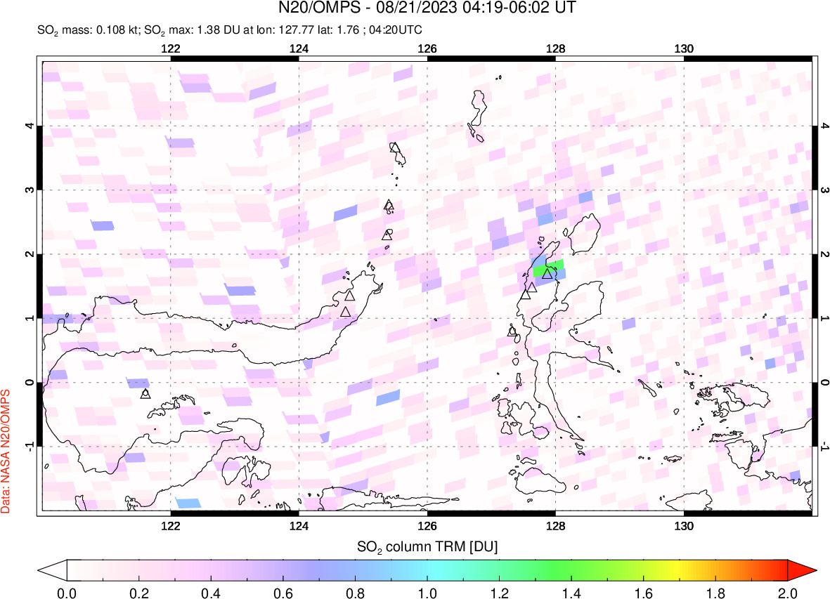 A sulfur dioxide image over Northern Sulawesi & Halmahera, Indonesia on Aug 21, 2023.