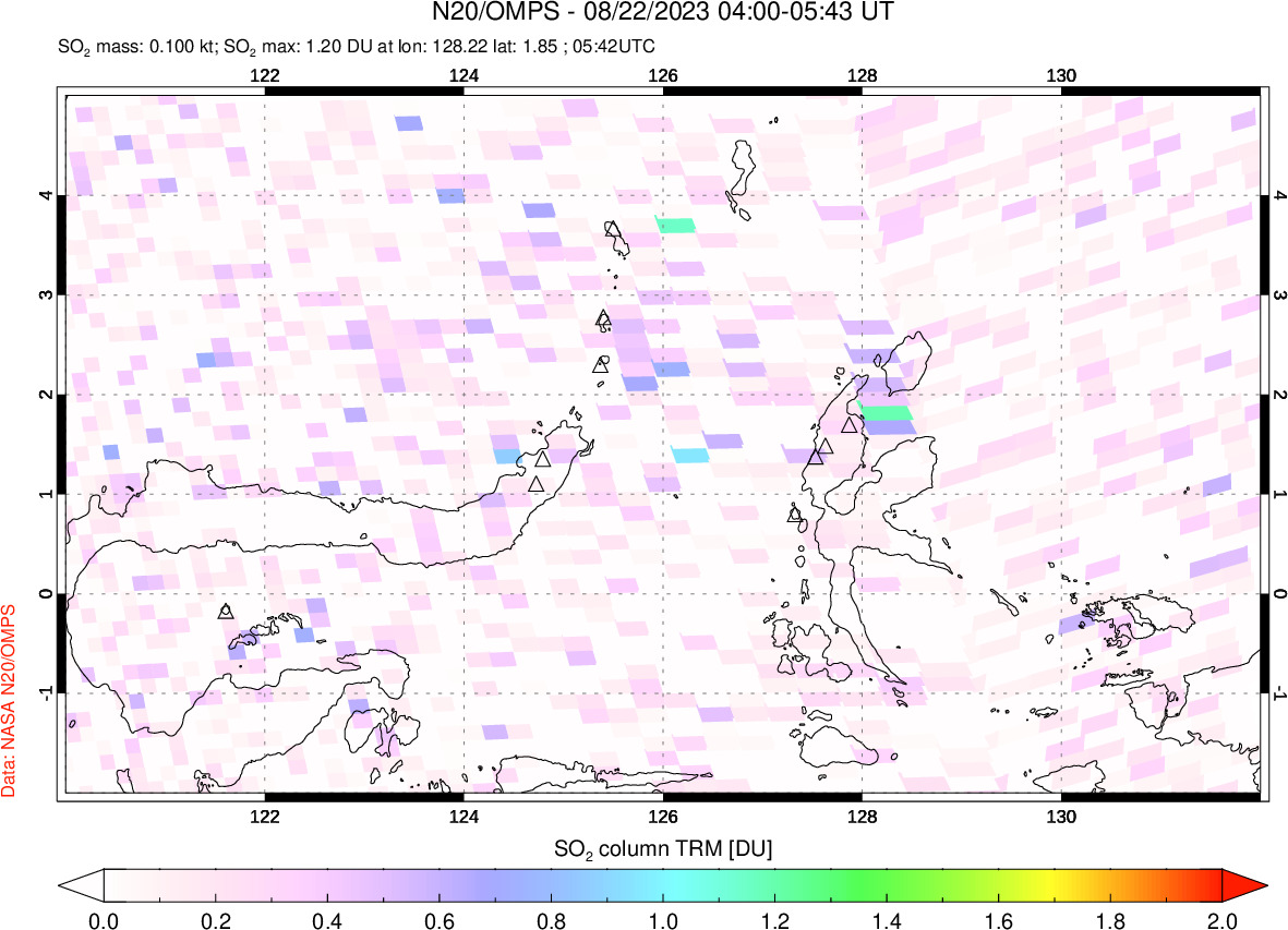 A sulfur dioxide image over Northern Sulawesi & Halmahera, Indonesia on Aug 22, 2023.