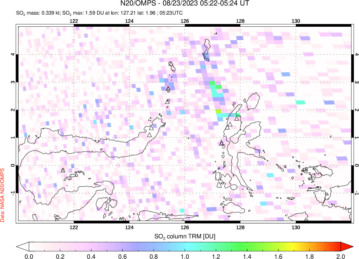 A sulfur dioxide image over Northern Sulawesi & Halmahera, Indonesia on Aug 23, 2023.