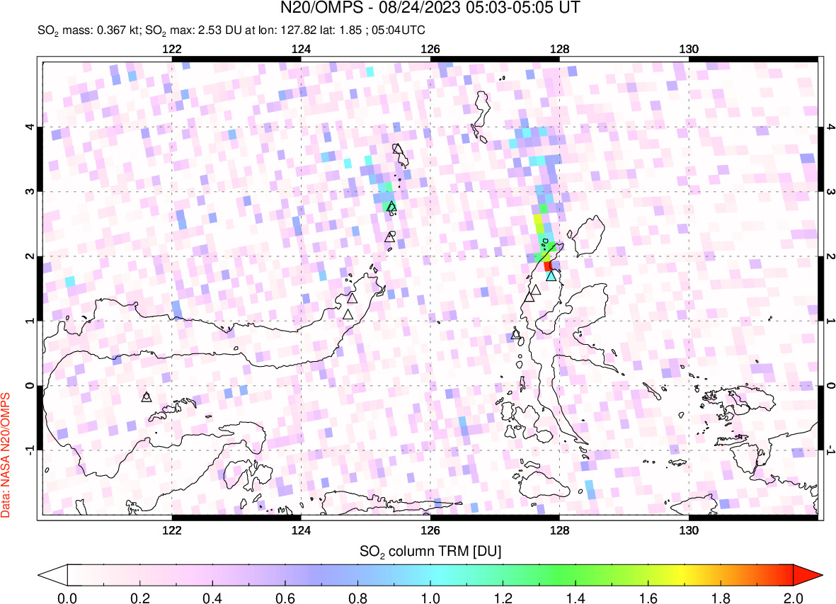 A sulfur dioxide image over Northern Sulawesi & Halmahera, Indonesia on Aug 24, 2023.