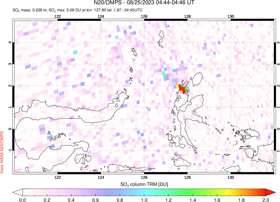 A sulfur dioxide image over Northern Sulawesi & Halmahera, Indonesia on Aug 25, 2023.